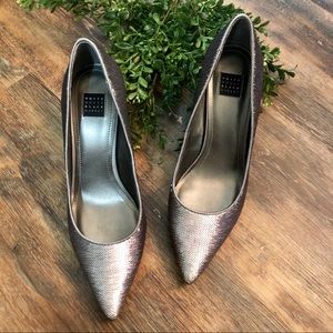 White House Black Mkt Silver Sequin Heels. Sz 7.5